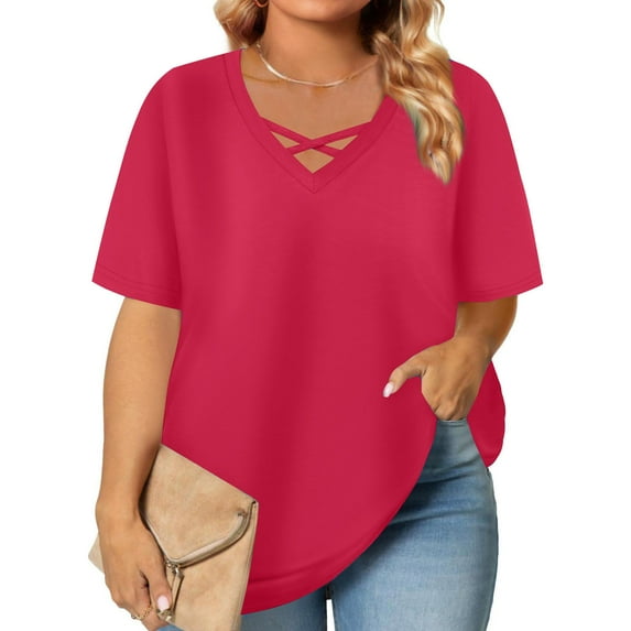 ITSAME Womens Plus Size Blouse, Short Sleeve Criss Cross V Neck Solid Color Summer Causal Loose T-Shirt Hot Pink 4XL