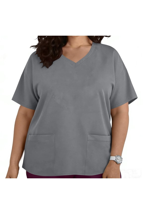 Womens Plus Size Blouses, Short Sleeve with Pockets V-Neck Nursing Worker Protective Clothing Top Gray Size L