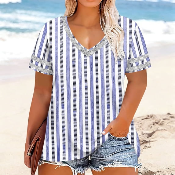 ITSAME Womens Plus Size Blouses, Striped Print Short Sleeve V-Neck Fashion Casual T-Shirts with Sequin Blue Size 2XL