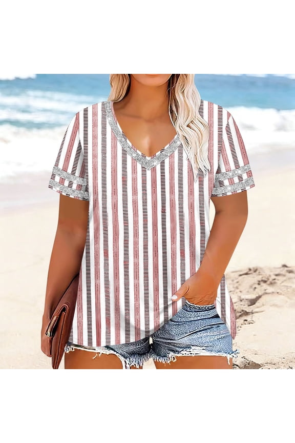 Womens Plus Size Blouses, Striped Print V-Neck Short Sleeve Fashion Casual T-Shirts with Sequin Pink Size 2XL