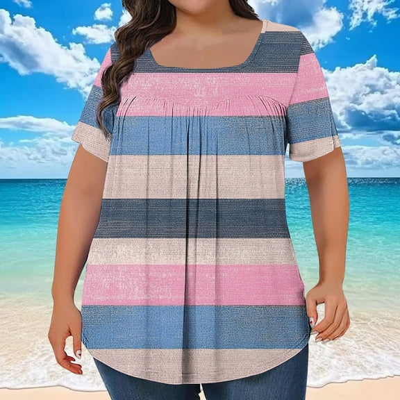 ITSAME Womens Plus Size Blouses, Striped Square Neck Short Sleeve Summer Casual Pleated Tees Pink XL