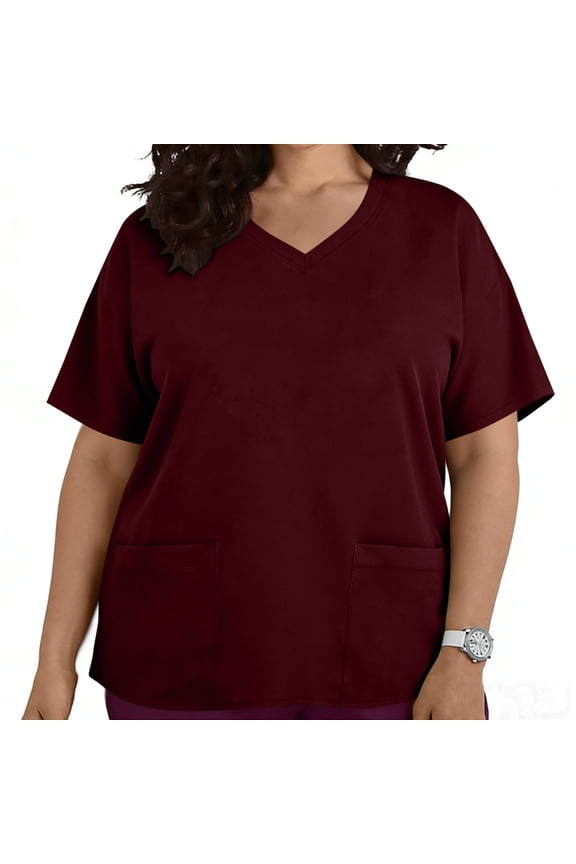 Womens Plus Size Blouses, V-Neck with Pockets Short Sleeve Nursing Worker Protective Clothing Top Wine Size 2XL