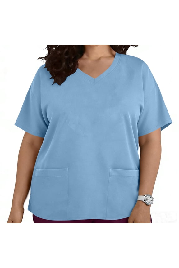 Womens Plus Size Blouses, with Pockets Short Sleeve V-Neck Nursing Worker Protective Clothing Top Light Blue Size L
