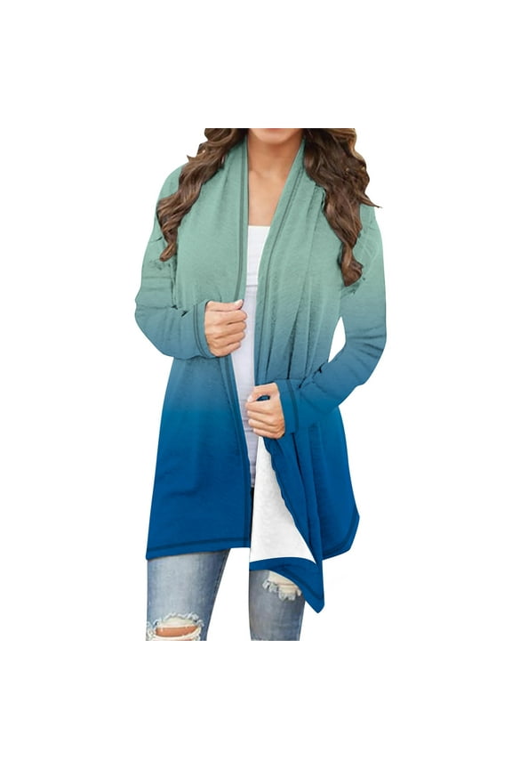 Womens Plus Size Cardigan, Pleated Open Front Gradient Long Sleeve Loose Casual Fashion Outwear Blue 2XL