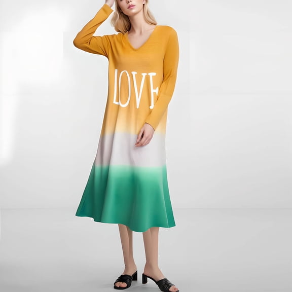 ITSAME Womens Plus Size Dress, Casual Loose Color Block Long Sleeve Pullover Cotton Long Dress Yellow S