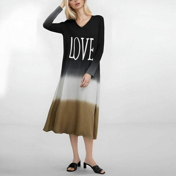 ITSAME Womens Plus Size Dress, Color Block Casual Loose Long Sleeve Pullover Cotton Long Dress Black 2XL