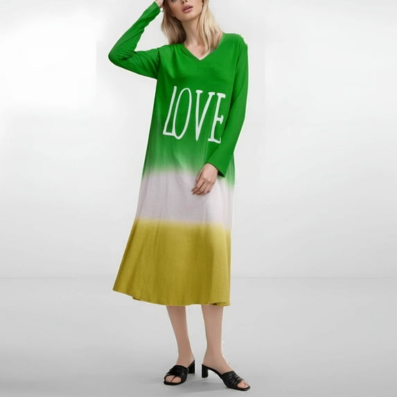 ITSAME Womens Plus Size Dress, Color Block Casual Loose Long Sleeve Pullover Cotton Long Dress Green M