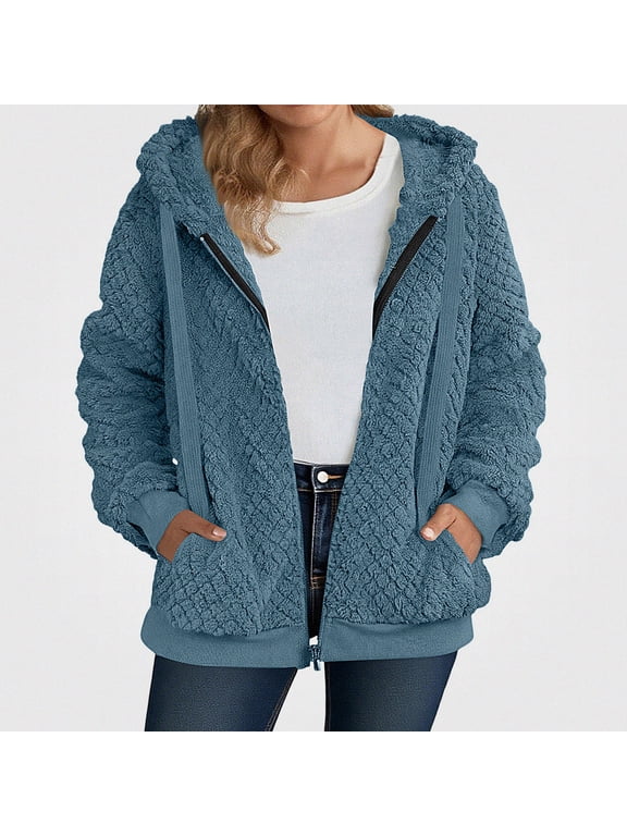Womens Plus Size Fleece Hooded Jacket Zip Up Textured Fall Winter Casual Coat with Pockets Blue Size 3XL