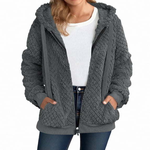 ITSAME Womens Plus Size Fleece Hooded Jacket Zip Up Textured Fall Winter Casual Coat with Pockets Dark Gray Size 4XL