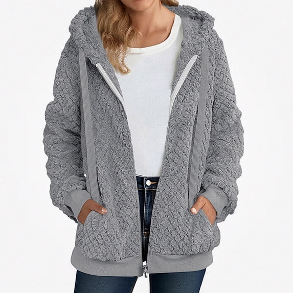 ITSAME Womens Plus Size Fleece Hooded Jacket Zip Up Textured Fall Winter Casual Coat with Pockets Gray Size 5XL