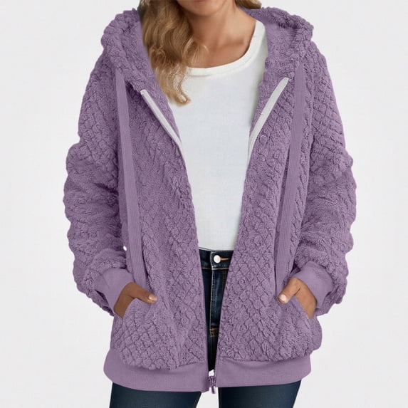 ITSAME Womens Plus Size Fleece Hooded Jacket Zip Up Textured Fall Winter Casual Coat with Pockets Purple Size 5XL