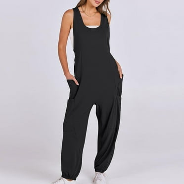 ITSAME Womens Plus Size Jumpsuits, Loose Suspender Comfy Soft Casual Wide Leg Overalls Black 2XL