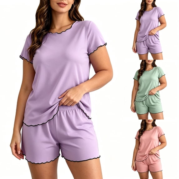 ITSAME Womens Plus Size Pajamas Set Ruffle Short Sleeve Top and Shorts 2-Piece Loose Casual Home Clothes Pink Size 4XL
