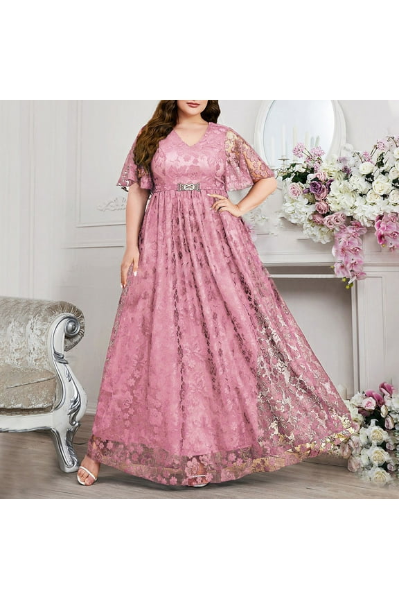 Womens Plus Size Prom Dress, Lace V Neck Short Sleeve Elegant Wedding Guest Dress Pink 4XL