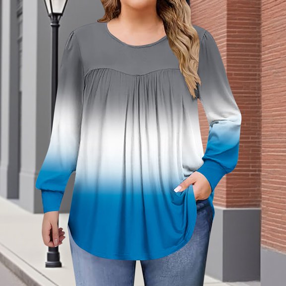 ITSAME Womens Plus Size Shirts, Crew Neck Long Sleeve Gradient Casual Tunic Blouses Blue 5XL