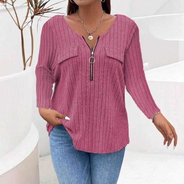 ITSAME Womens Plus Size Shirts, Zipper Scoop Neck Loose Fit Long Sleeve Ladies Fall Fashion Blouse Hot Pink XL