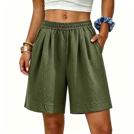 ITSAME Womens Plus Size Shorts Comfortable Elastic Waist with Pockets Summer Loose Casual Shorts Army Green Size M