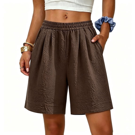 ITSAME Womens Plus Size Shorts Comfortable Elastic Waist with Pockets Summer Loose Casual Shorts Coffee Size L