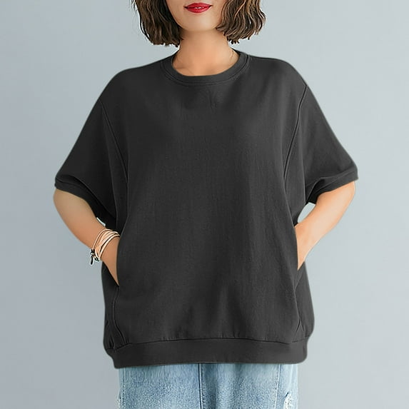 ITSAME Womens Plus Size T-Shirt, Crewneck Loose Casual Short Sleeve Pullover Summer Blouse Black L