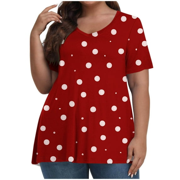 ITSAME Womens Plus Size T-Shirt, Polka Dot Summer Loose V Neck Casual Pullover Basic Tees Red 3XL