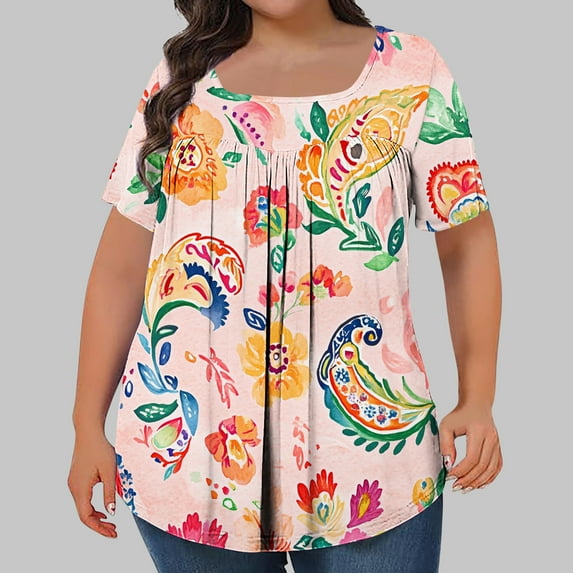 ITSAME Womens Plus Size T-Shirt, Square Neck Short Sleeve Flower Prints Summer 2025 Tunic Blouse Pink 2XL