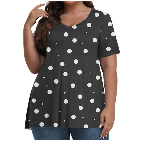 ITSAME Womens Plus Size T-Shirt, Summer Loose V Neck Polka Dot Casual Pullover Basic Tees Black 5XL