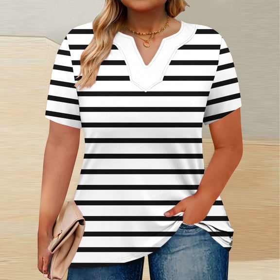 ITSAME Womens Plus Size T-Shirt, V Neck Short Sleeve Striped Prints Summer Casual Blouse White 4XL