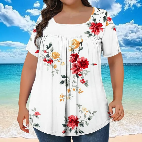 ITSAME Womens Plus Size T-Shirts, Short Sleeve Square Neck Floral Summer Pleated Tops White 3XL