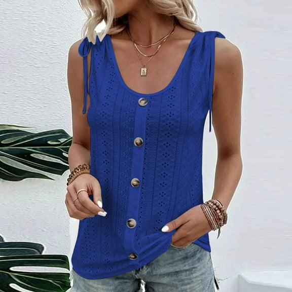 ITSAME Womens Plus Size Tank Tops, Buttons Hollow Out Scoop Neck Casual Cami Blouse Blue XL