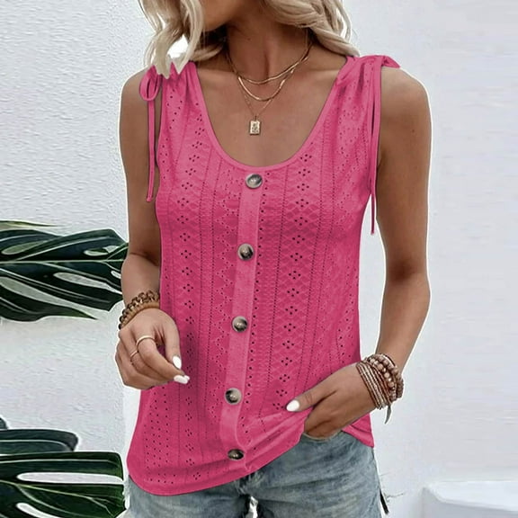 ITSAME Womens Plus Size Tank Tops, Buttons Hollow Out Scoop Neck Casual Cami Blouse Hot Pink S