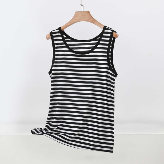 ITSAME Womens Plus Size Tank Tops Crewneck Sleeveless Base Layer Striped Print Loose Casual Tops Silver Size L