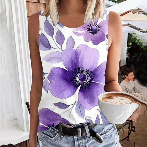 ITSAME Womens Plus Size Tank Tops, Floral Crew Neck Sleeveless Casual Loose Fit Blouses Multicolor XL