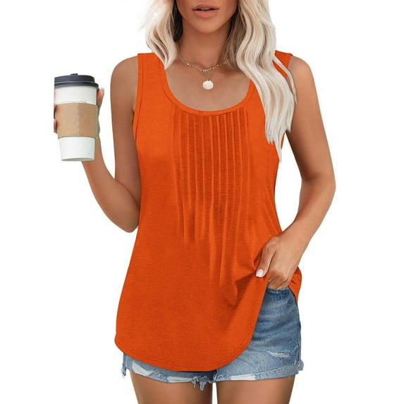 ITSAME Womens Plus Size Tank Tops, Pleated Loose Fit Crew Neck Summer Casual Cami Shirts Orange L