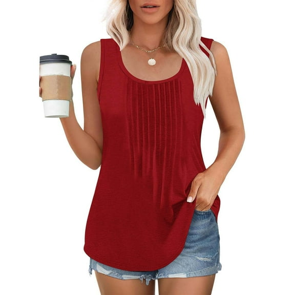 ITSAME Womens Plus Size Tank Tops, Pleated Loose Fit Crew Neck Summer Casual Cami Shirts Red 5XL