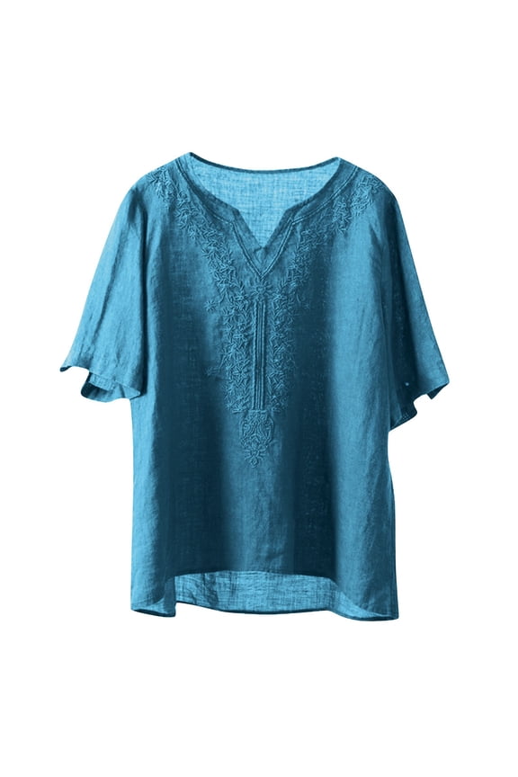 Womens Plus Size Tops, Cotton Linen V-Neck Vintage Embroidery Summer Casual Fashion Blouses Dark Blue Size 4XL