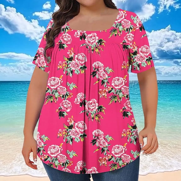 ITSAME Womens Plus Size Tops, Short Sleeve Floral Breathable Loose Casual Tunic Blouses Hot Pink 5XL