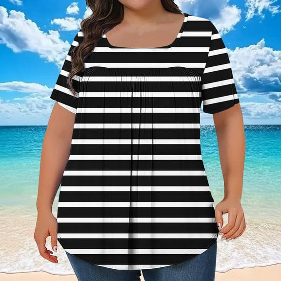 ITSAME Womens Plus Size Tops, Striped Short Sleeve Pleated Casual Tunic Blouses Black 4XL