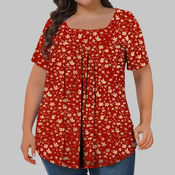 ITSAME Womens Plus Size Tunic Blouse, Floral Tunic Tees Square Neck Short Sleeve Summer 2025 Casual Tops Red 5XL