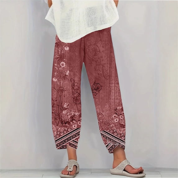 ITSAME Womens Plus Size Wide Leg Pants Elastic Waist Floral Print Lightweight Ladies Loose Casual Pants Red Size 3XL