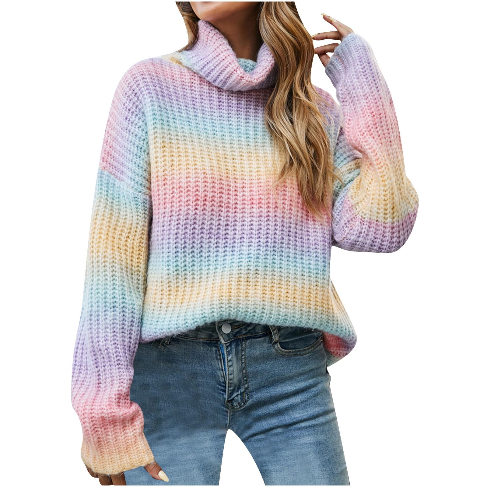 Turtleneck Rainbow Trui ITSAME Womens Pullover Sweater, Rainbow
