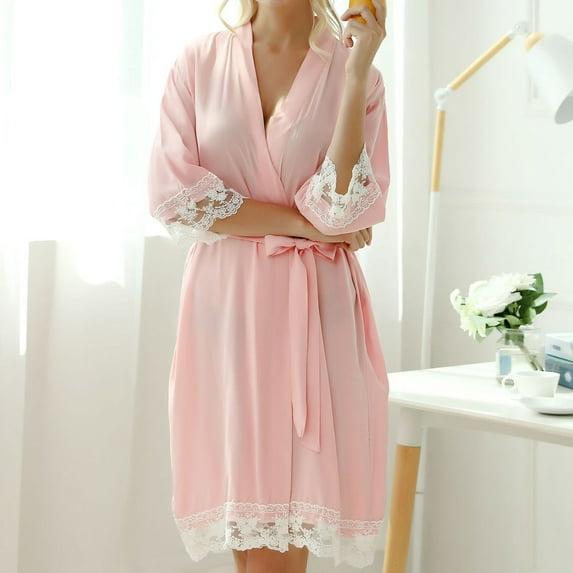ITSAME Womens Robes, Lace 3/4 Long Sleeve Solid Color Pajamas Nightgowns Bathrobes Homewear Pink S