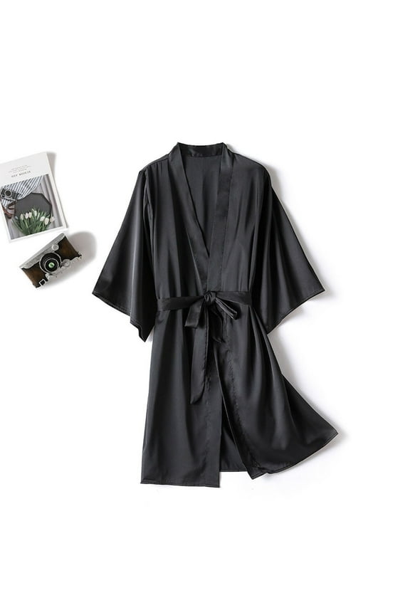 Womens Robes, Solid Color Lightweight Elegant Ladies 2 Piece Loungewear Pajamas Black 4XL