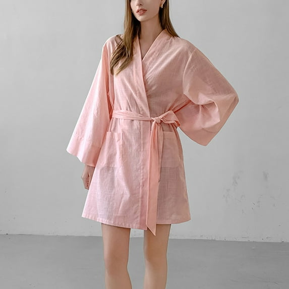 ITSAME Womens Robes, Solid Color Long Sleeve Ladies Bathrobes Homewear With Belt Pink S