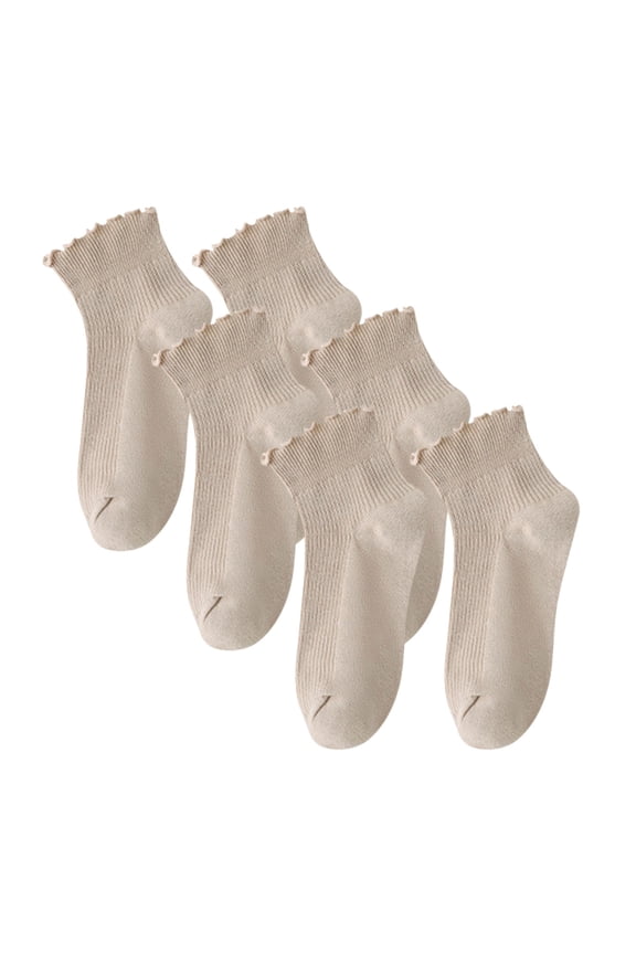 Womens Ruffled Socks, Breathable Cotton Mid-Length 3 Pairs Casual Socks Beige Free Size
