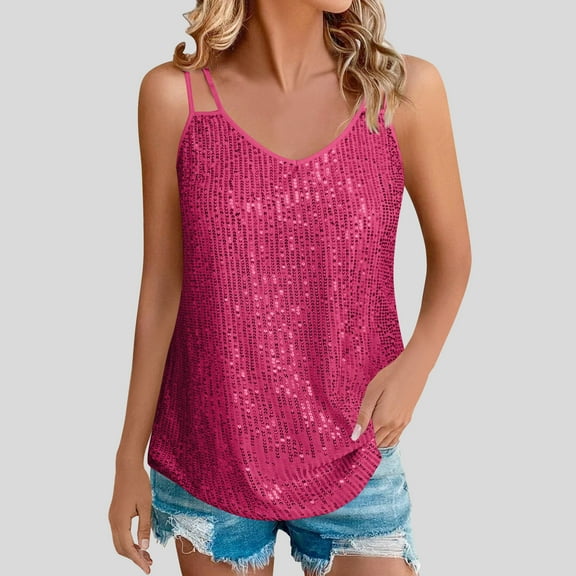 ITSAME Womens Sequin Tank Tops, Trendy Spaghetti Strap V Neck Sparkly Summer Sleeveless Casual Cami Hot Pink L