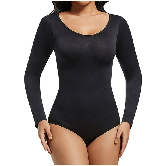 ITSAME Womens Shapewear Bodysuit, Buckle Adjustable Scoop Neck Long Sleeve Ultra Firm Romper Black L