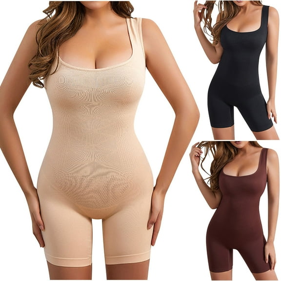 ITSAME Womens Shapewear Bodysuit, Scoop Neck Tummy Control Sleeveless Seamless Jumpsuit Khaki M