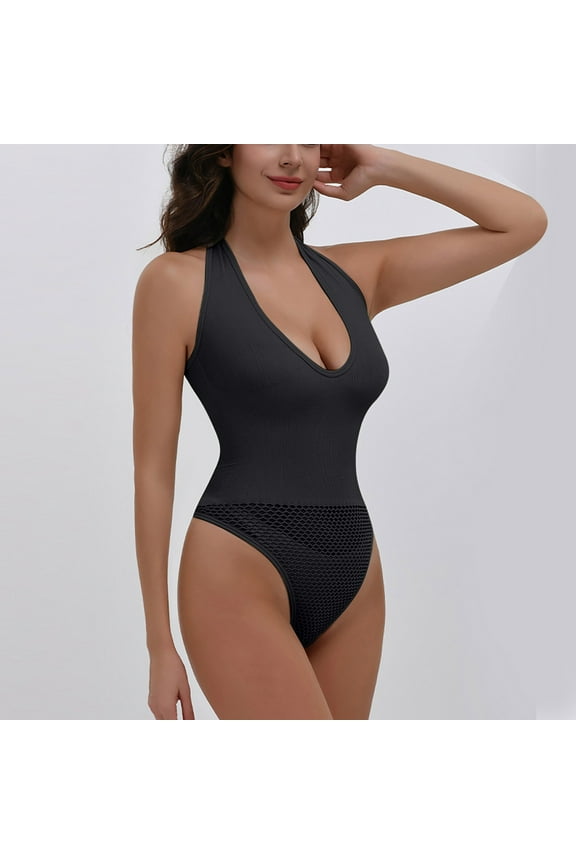 Womens Shapewear Bodysuit, Tummy Control Halter Tight Fit Seamless Jumpsuit Black L