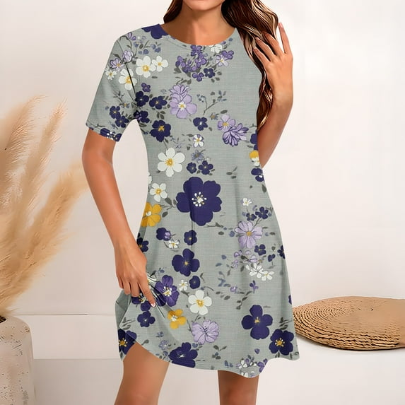 ITSAME Womens Shirt Dress, Crew Neck Floral Short Sleeve Summer Casual Beach Sundress Multicolor XL