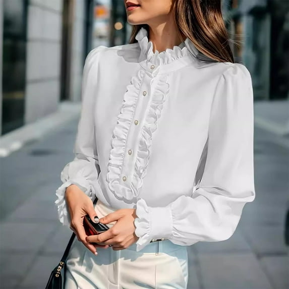 ITSAME Womens Shirts with Long Sleeve, Classic Fit Crewneck Ruffles Tops Fall Business Dressy Blouse White S